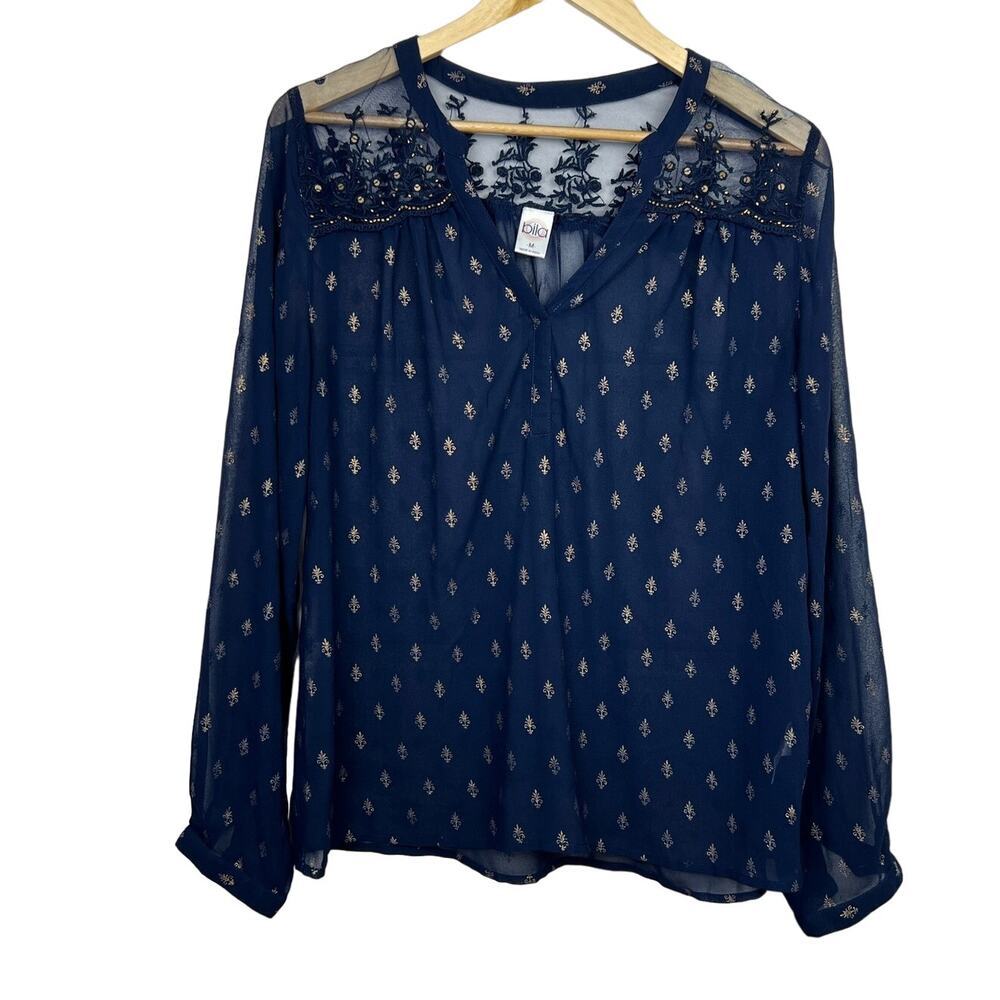 BOHO  Navy Blue Lace Embellished Gold Beaded/Sequin Long Sleeve Shirt Medium